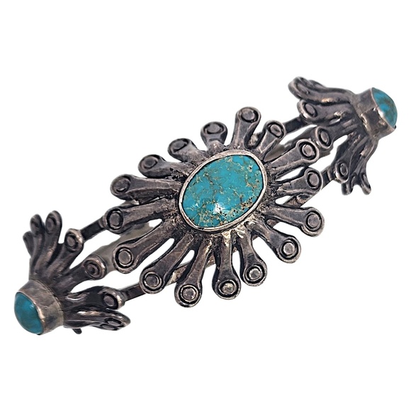 Native American Sterling Silver Turquoise Modern Flower Cuff Bracelet #18605 - Picture 6 of 9